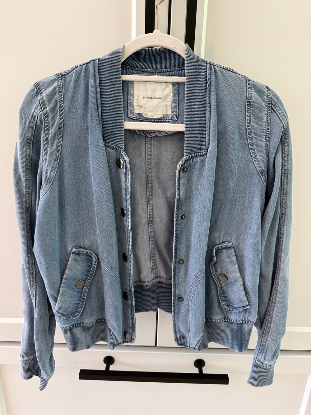 Anthropologie Light Blue Denim Bomber Jacket